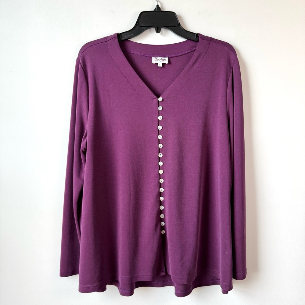 Toofan Button Front V-Neck Tunic Top Purple L‎ Lagenlook
